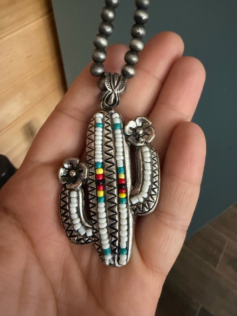 Silver Cactus Pendant Beaded Necklace - Women - Picture 2 of 3